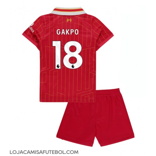 Camisa de Futebol Liverpool Cody Gakpo #18 Equipamento Principal Infantil 2024-25 Manga Curta (+ Calças curtas)